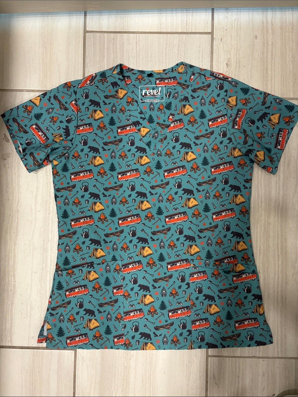 NWOT Revel Women’s Camping Print Scrub Top